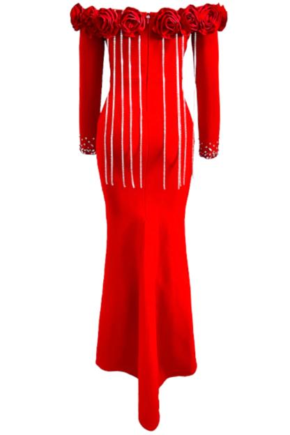 3D Flower Bandage Off-Shoulder Diamond Tassels Maxi Dress