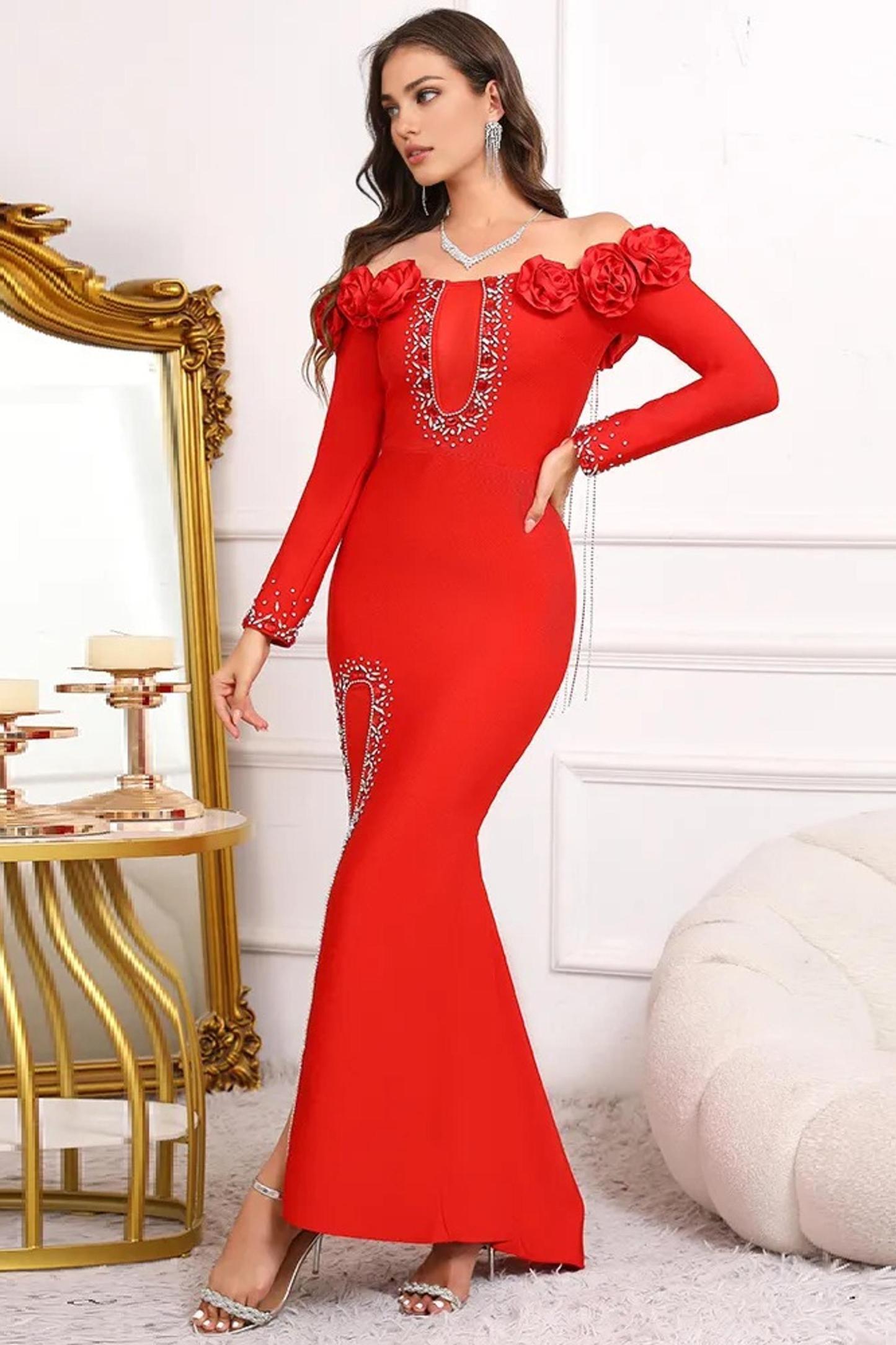 3D Flower Bandage Off-Shoulder Diamond Tassels Maxi Dress