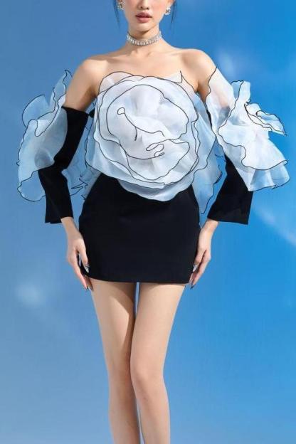 3D Flower Off-Shoulder Long Sleeve Mini Dress