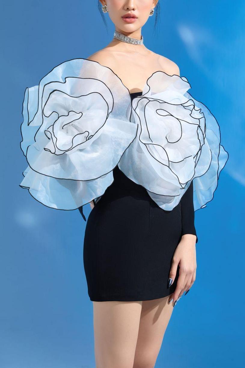 3D Flower Off-Shoulder Long Sleeve Mini Dress