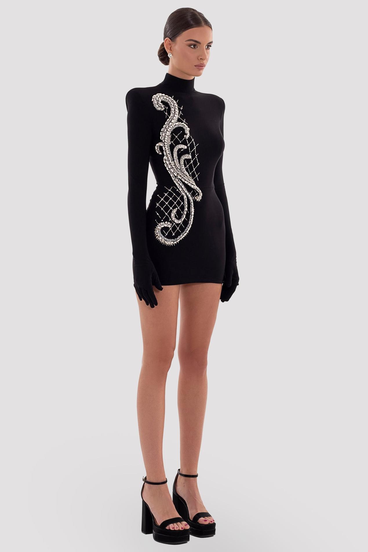 Rhinestone Long Sleeve Bandage Mini Dress