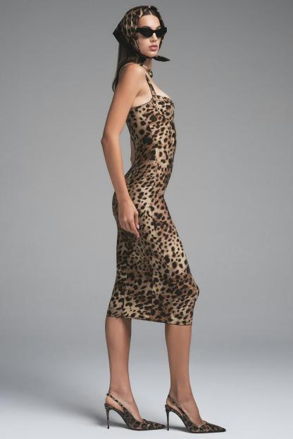 Leopard Print Sweetheart Neck Slip Midi Dress