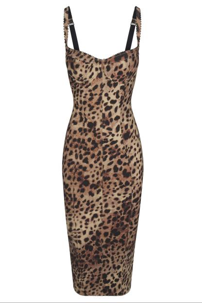 Leopard Print Sweetheart Neck Slip Midi Dress