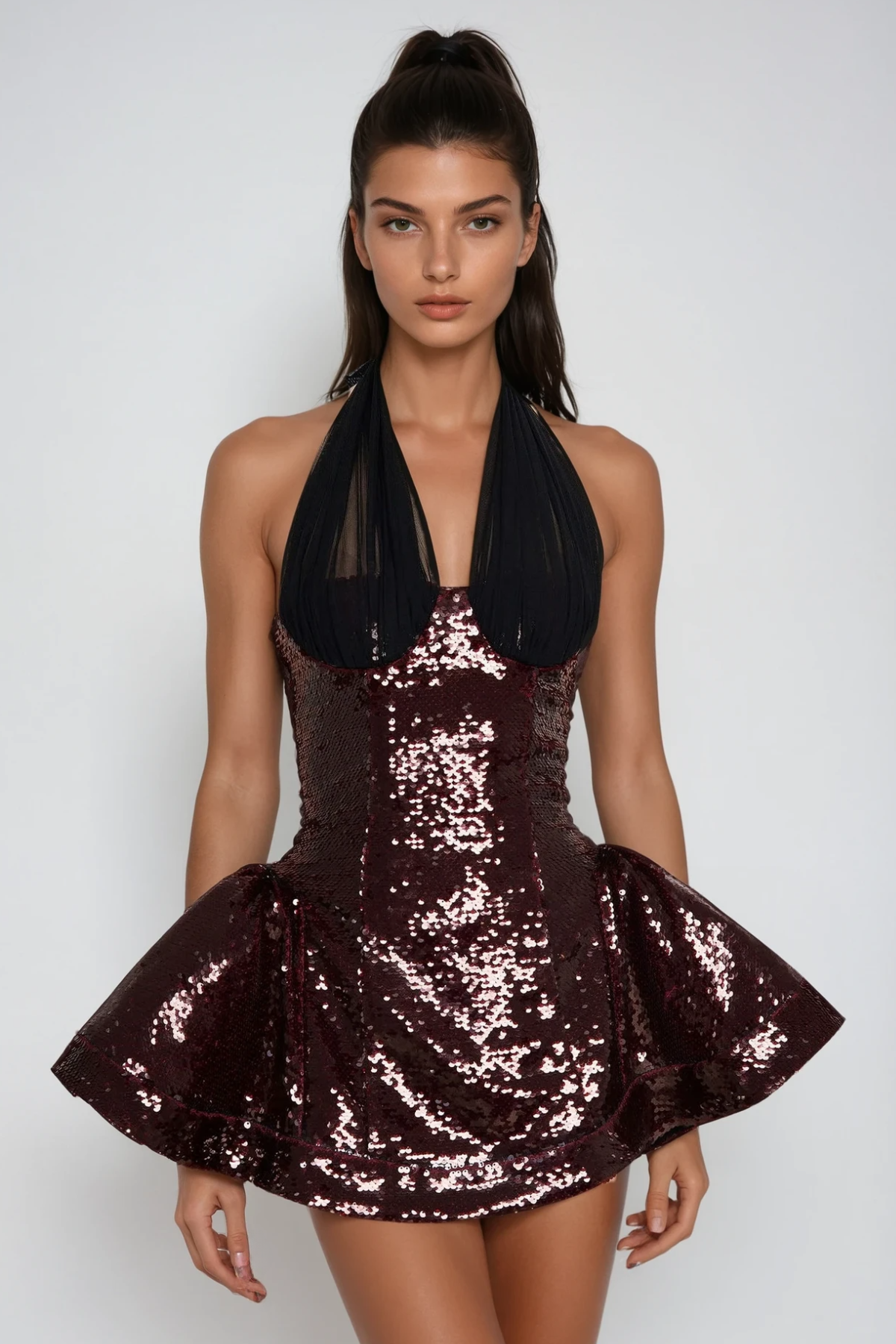 Mesh Splicing Sequin Halter Neck Mini Dress