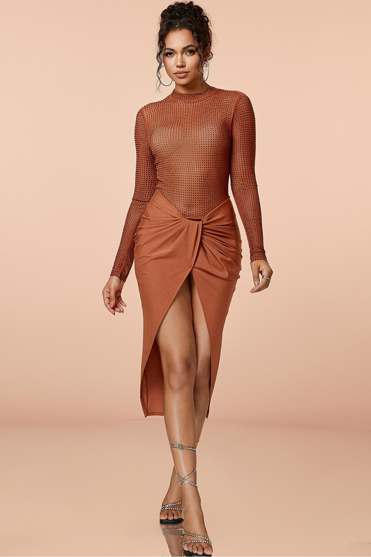 Rhinestone Slit Long Sleeve Midi Dress