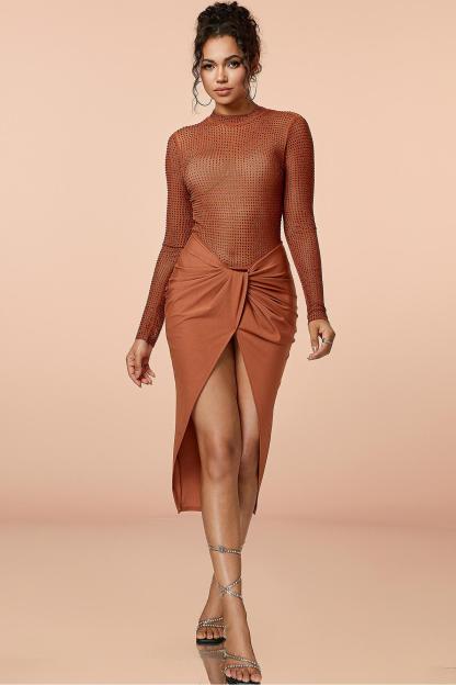 Rhinestone Slit Long Sleeve Midi Dress