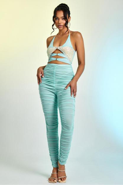 Sequin Splicing Mesh Halter Neck Jumpsuit