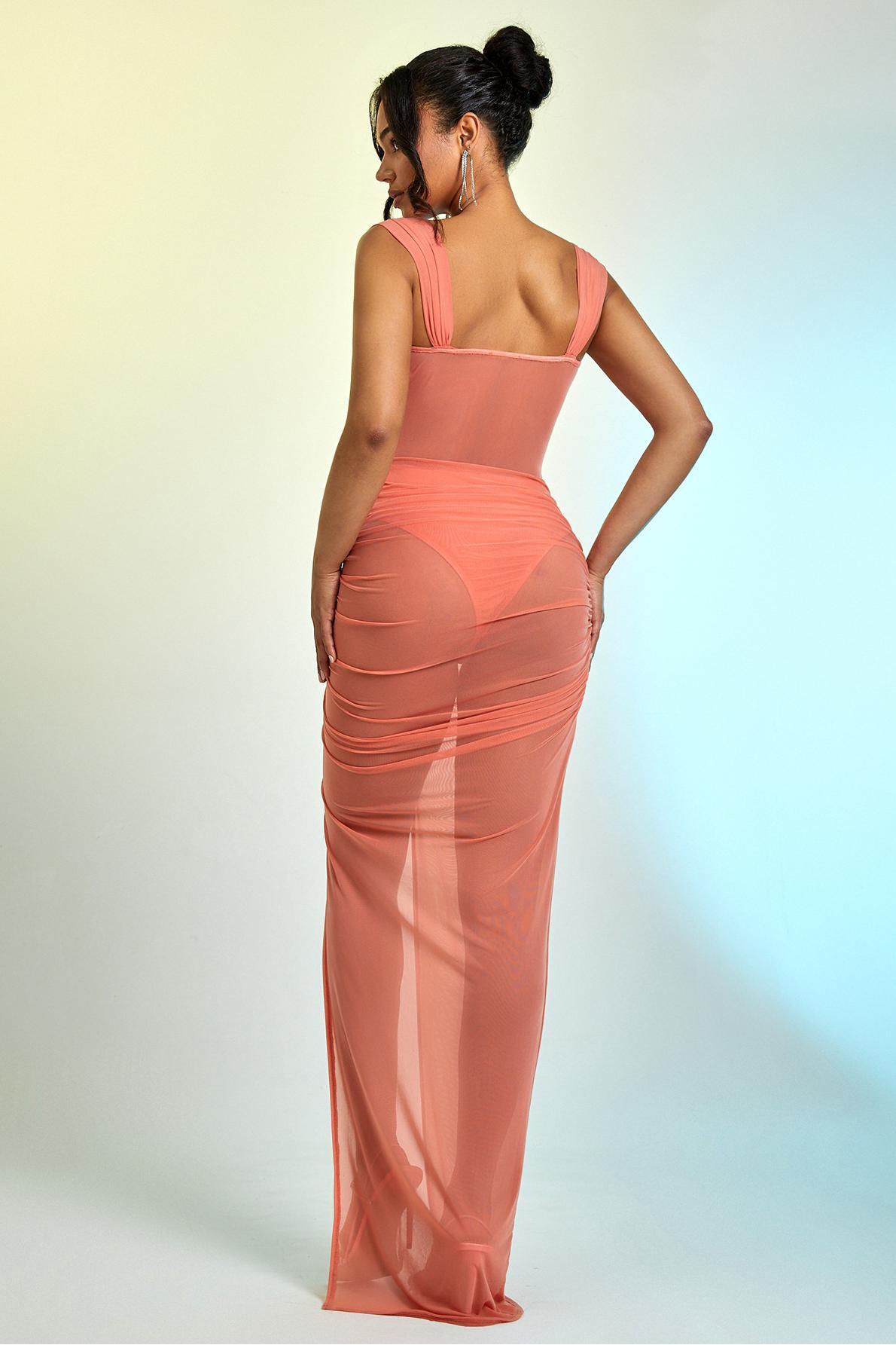 3D Flower Mesh See-Through Slit Maxi Dress