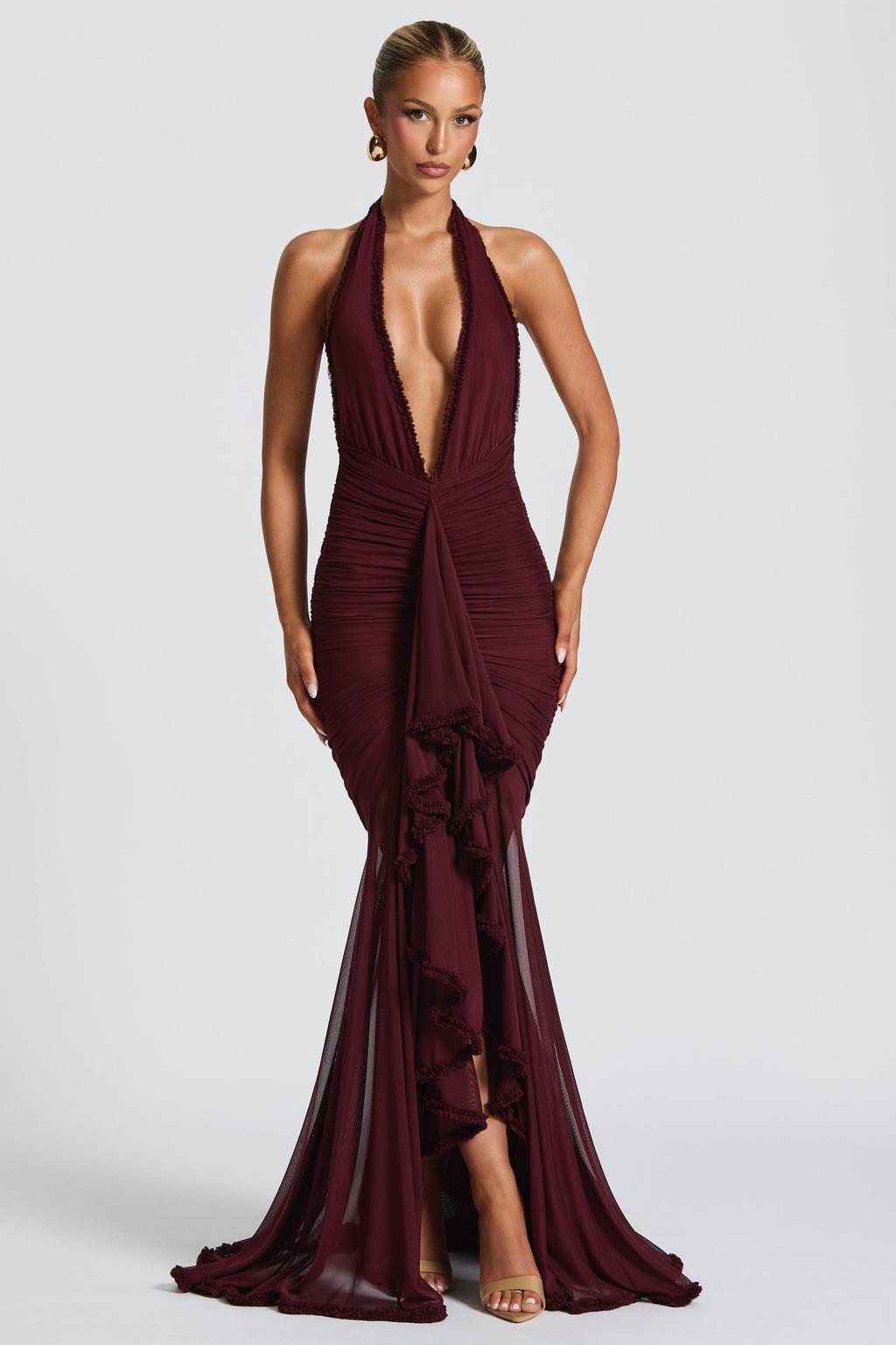 Halter Neck Gathering Ruffle Maxi Dress