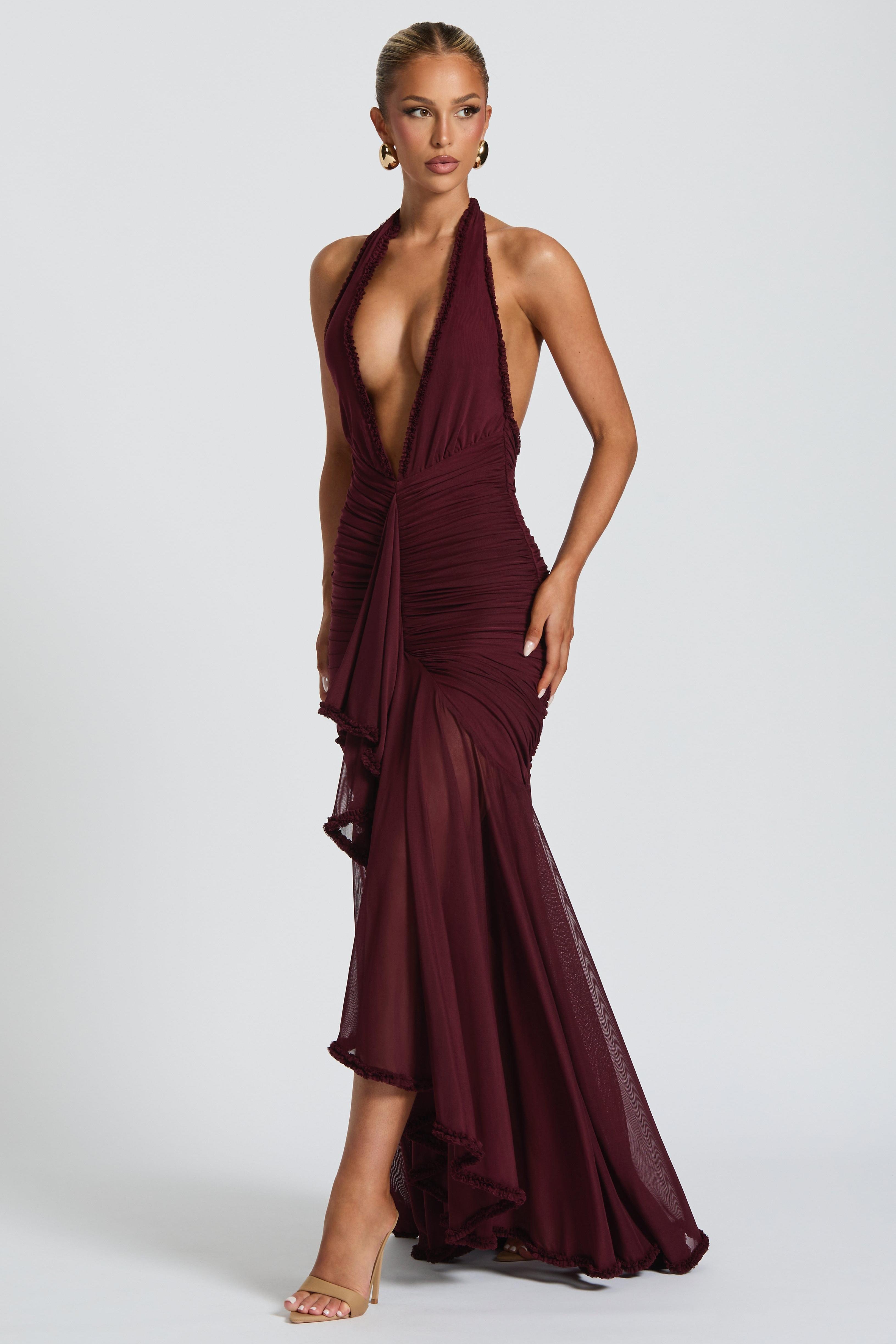 Halter Neck Gathering Ruffle Maxi Dress