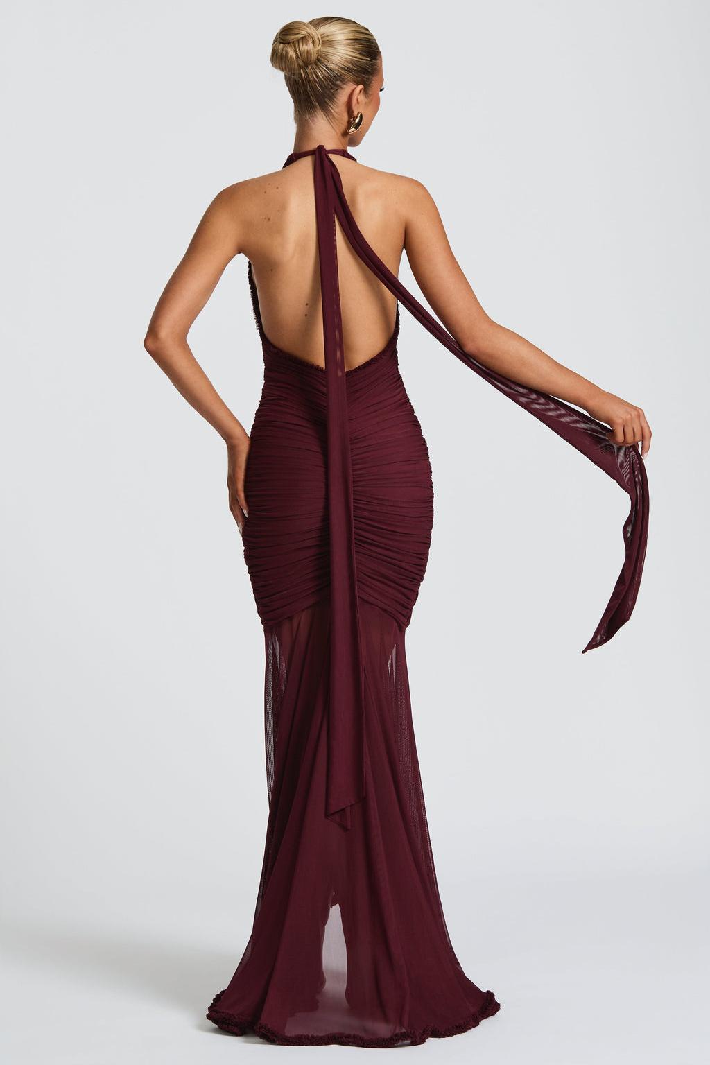 Halter Neck Gathering Ruffle Maxi Dress