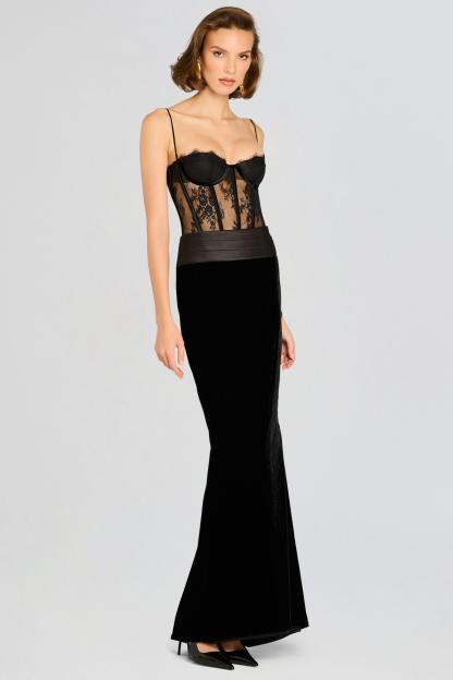 Lace Splicing Velvet See-Through Midi Dress