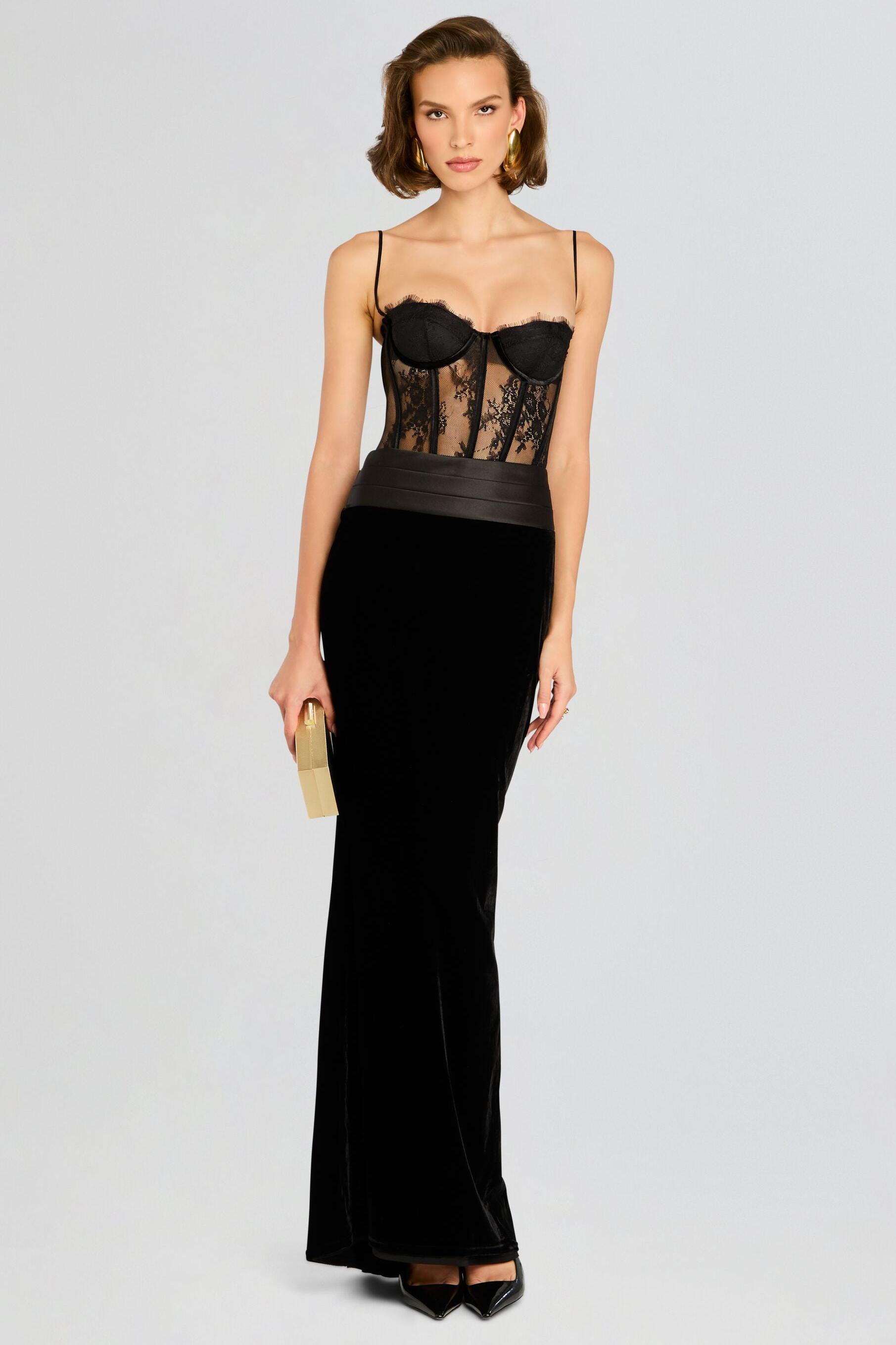 Lace Splicing Velvet See-Through Midi Dress