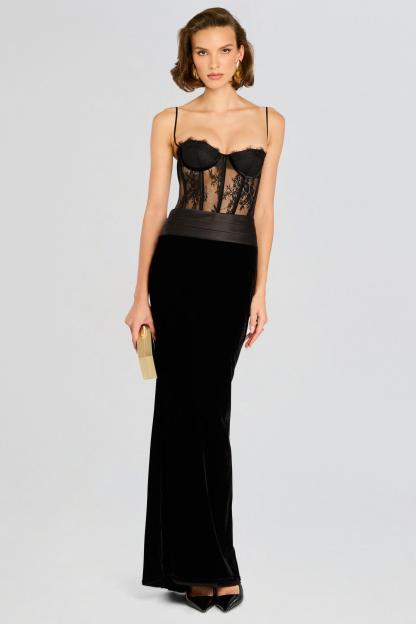 Lace Splicing Velvet See-Through Midi Dress