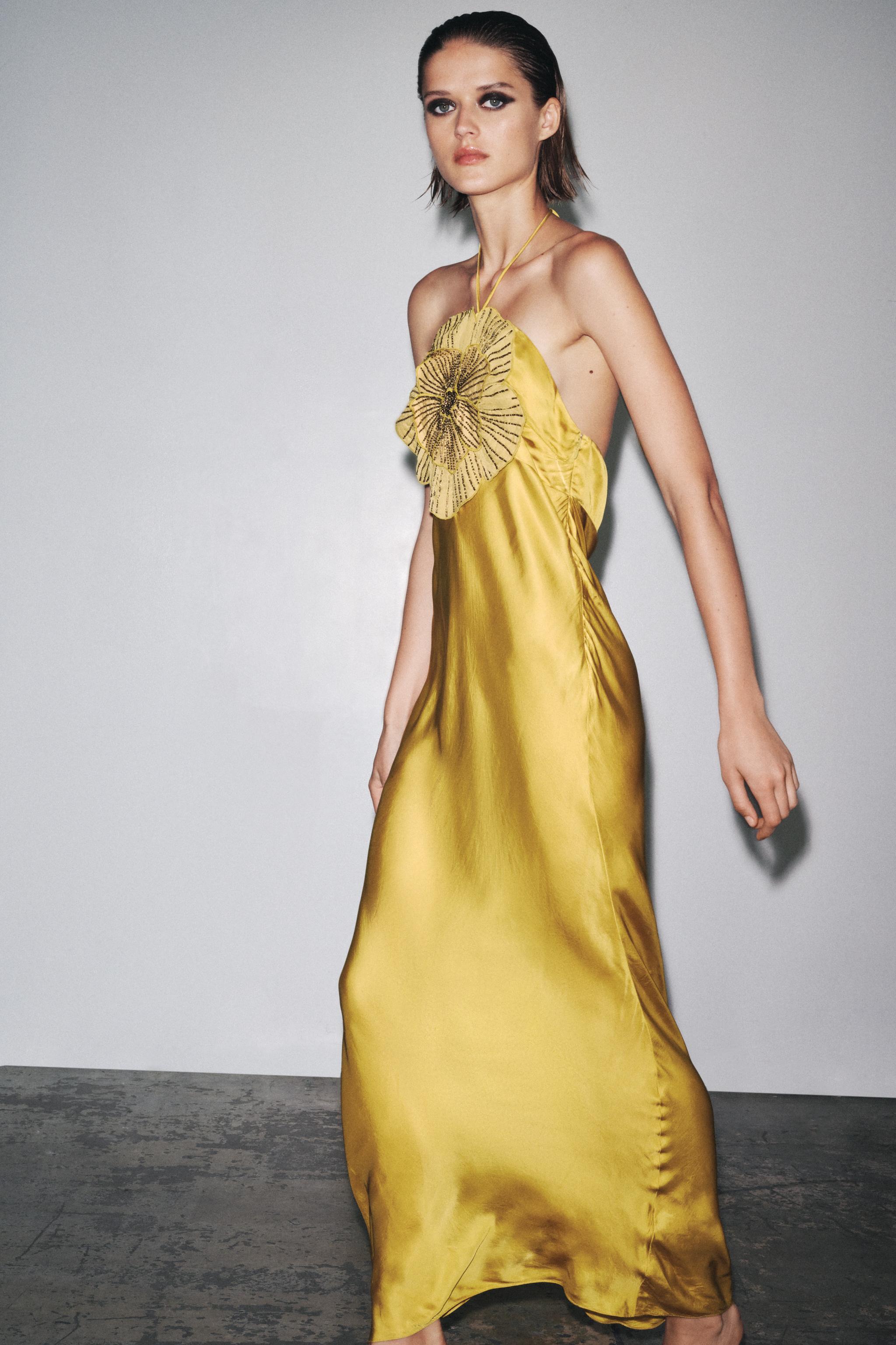 Satin 3D Flower Halter Neck Midi Dress