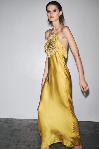 Satin 3D Flower Halter Neck Midi Dress