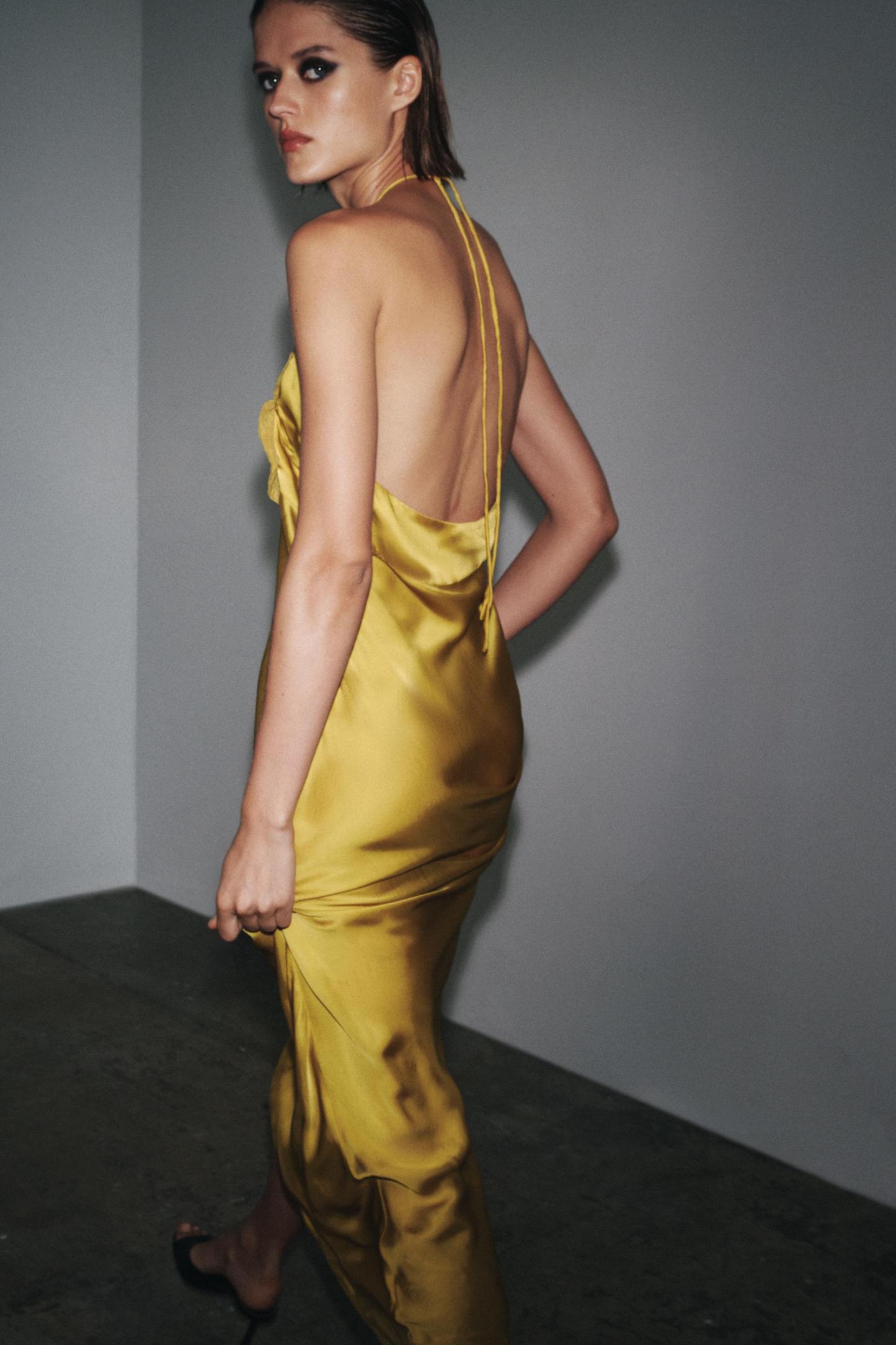 Satin 3D Flower Halter Neck Midi Dress