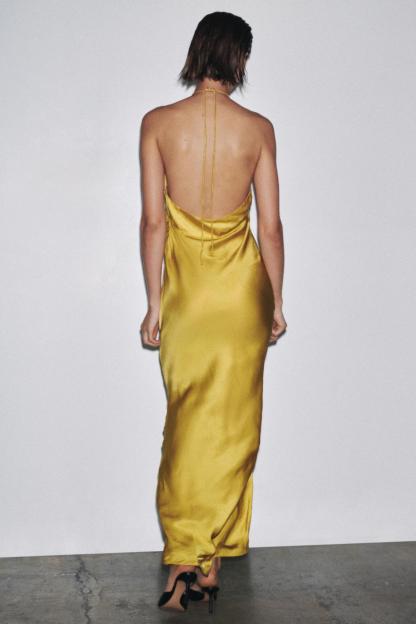 Satin 3D Flower Halter Neck Midi Dress