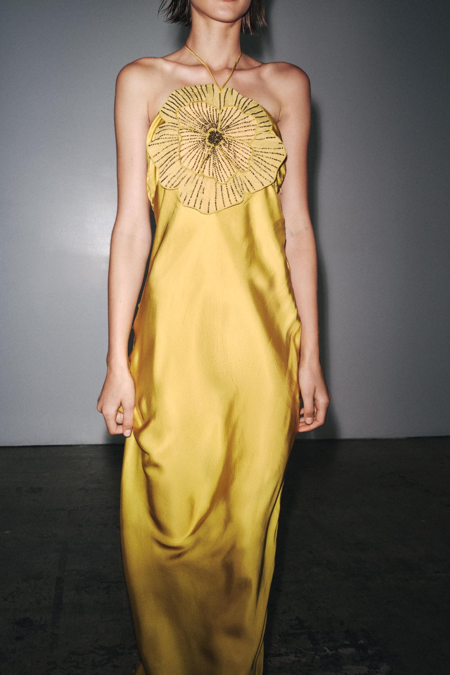 Satin 3D Flower Halter Neck Midi Dress