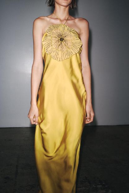 Satin 3D Flower Halter Neck Midi Dress