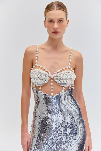 Sequin Splicing Bandage Faux Pearl Sweetheart Neck Midi Dress