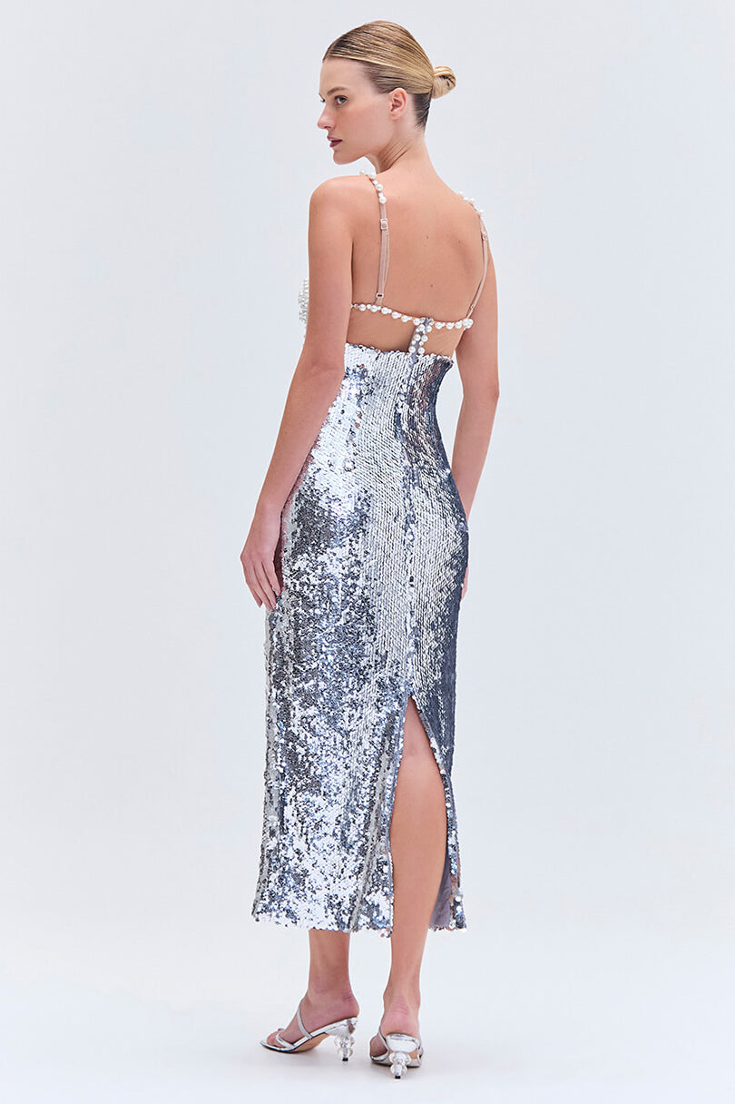 Sequin Splicing Bandage Faux Pearl Sweetheart Neck Midi Dress