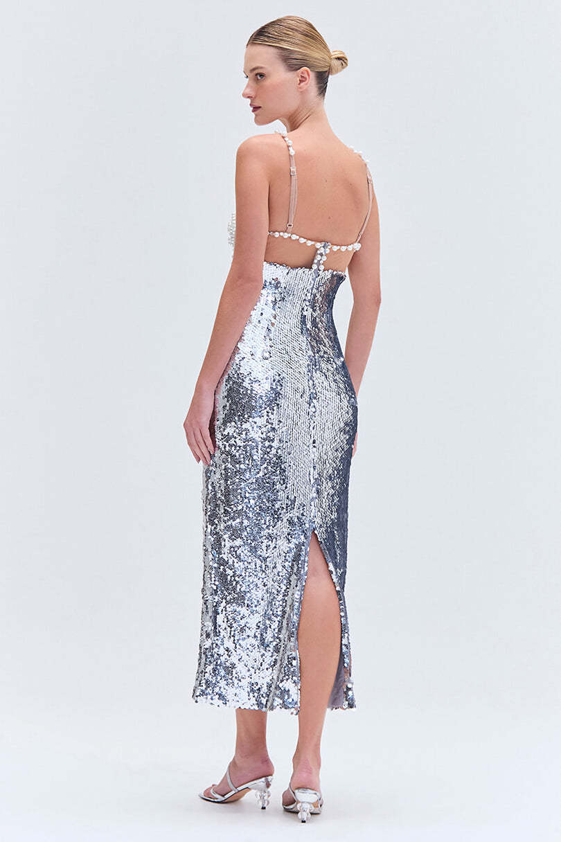 Sequin Splicing Bandage Faux Pearl Sweetheart Neck Midi Dress