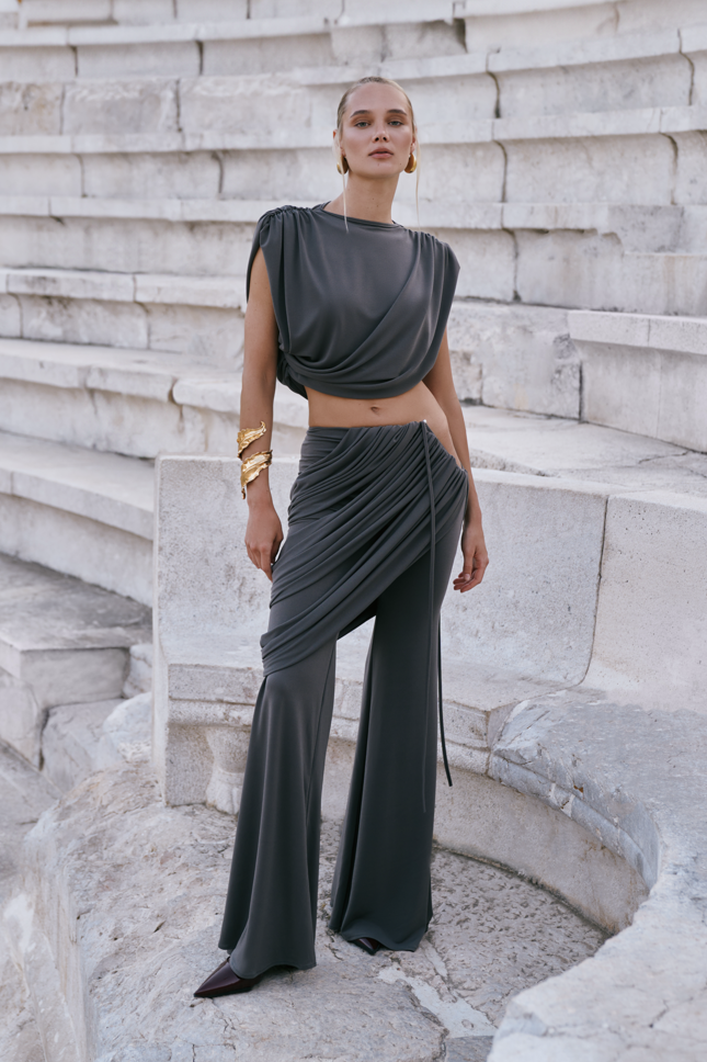 Solid Sleeveless Gathering Top & Ruched Pants Set