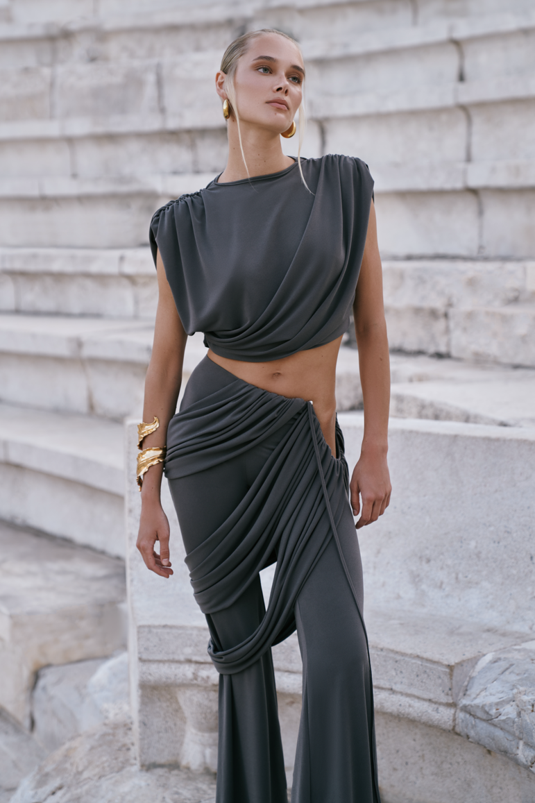 Solid Sleeveless Gathering Top & Low Waist Ruched Pants Set