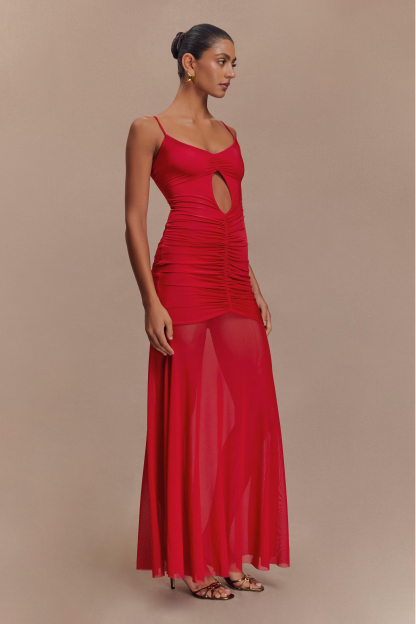Mesh Cut-Out Ruched Maxi Dress