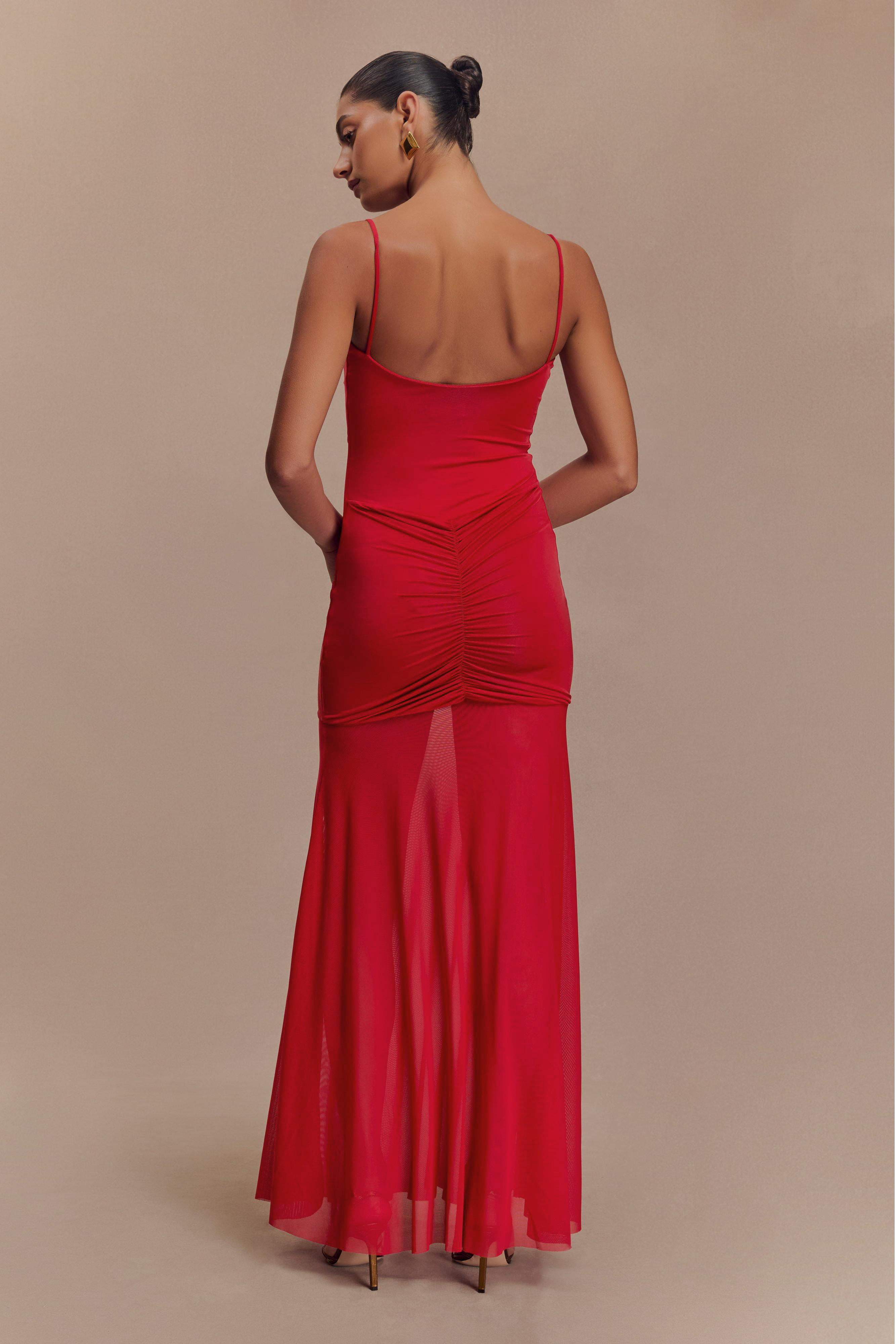 Mesh Cut-Out Ruched Maxi Dress