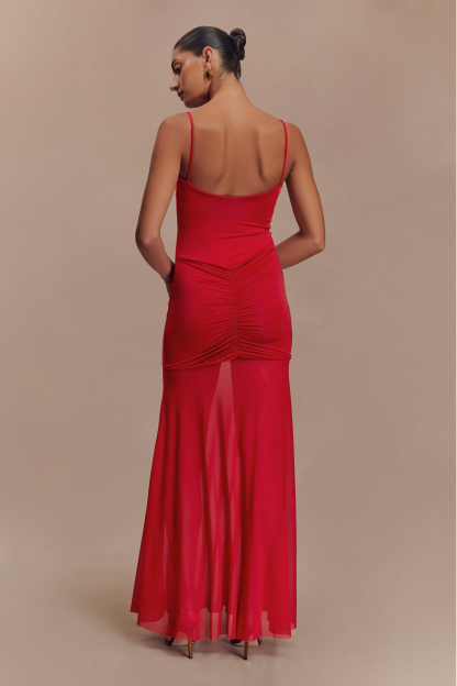 Mesh Cut-Out Ruched Maxi Dress