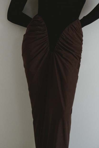 Velvet Splicing Mesh Ruched Maxi Dress With Gloves