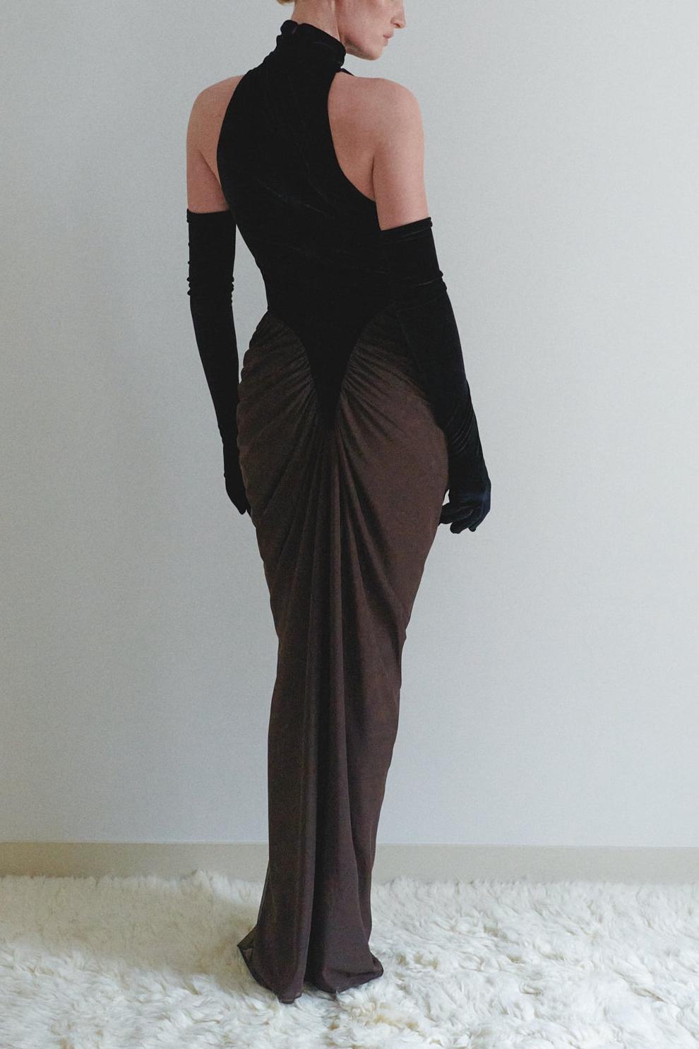 Velvet Splicing Mesh Ruched Maxi Dress With Gloves