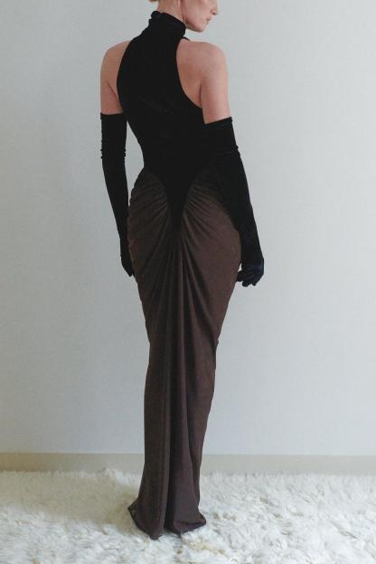 Velvet Splicing Mesh Ruched Maxi Dress With Gloves