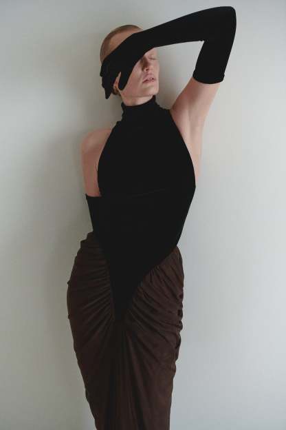Velvet Splicing Mesh Ruched Maxi Dress With Gloves