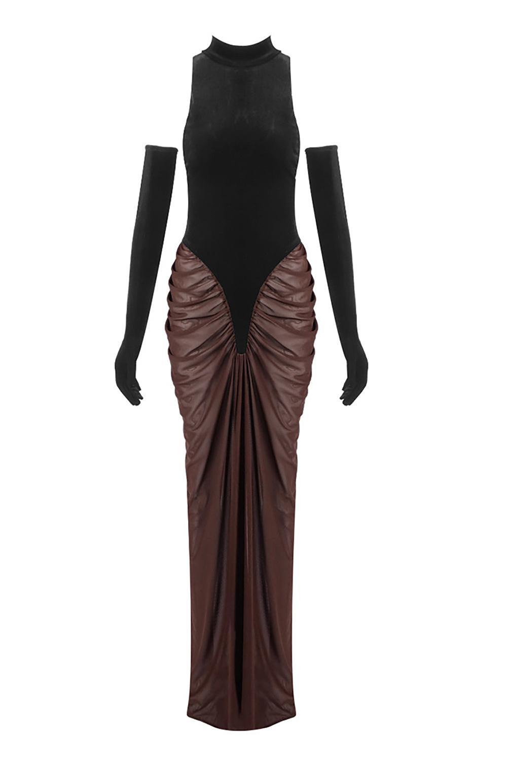 Velvet Splicing Mesh Ruched Maxi Dress With Gloves