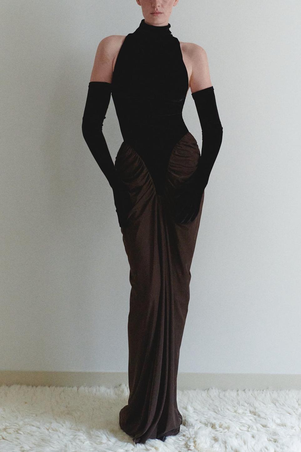 Velvet Splicing Mesh Ruched Maxi Dress With Gloves
