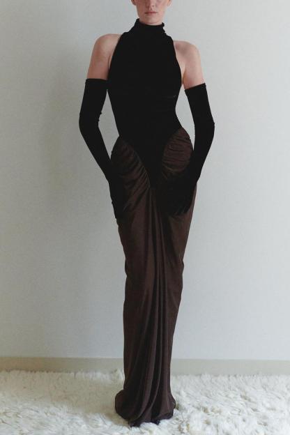 Velvet Splicing Mesh Ruched Maxi Dress With Gloves
