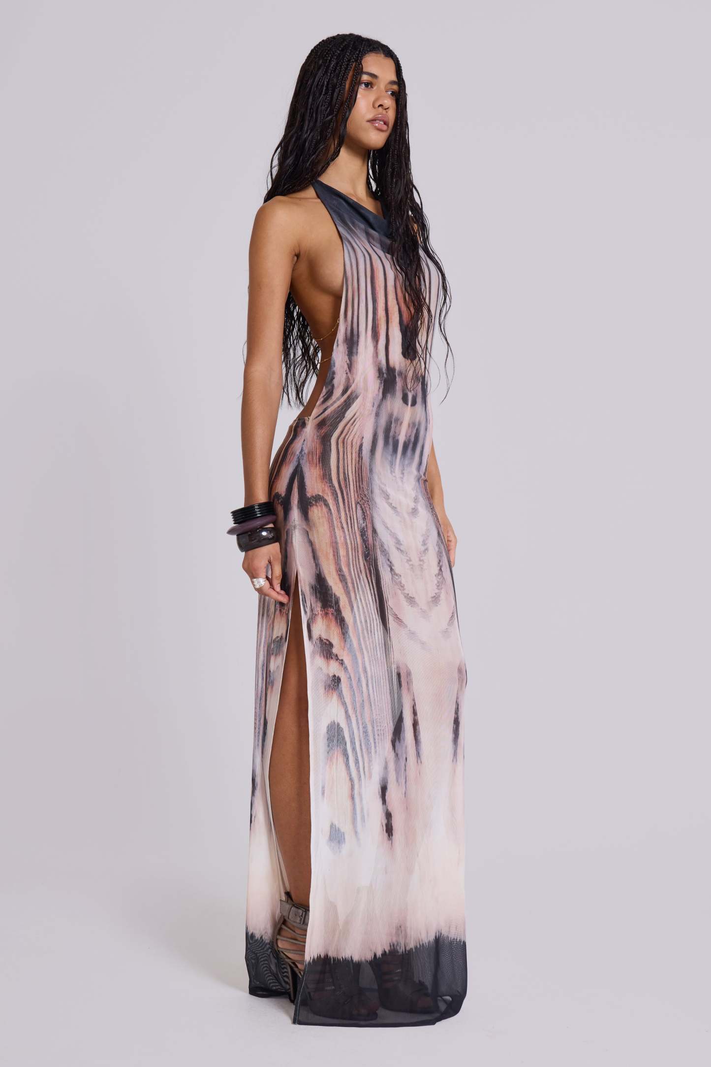 Abstract Print Backless Chain Maxi Dress