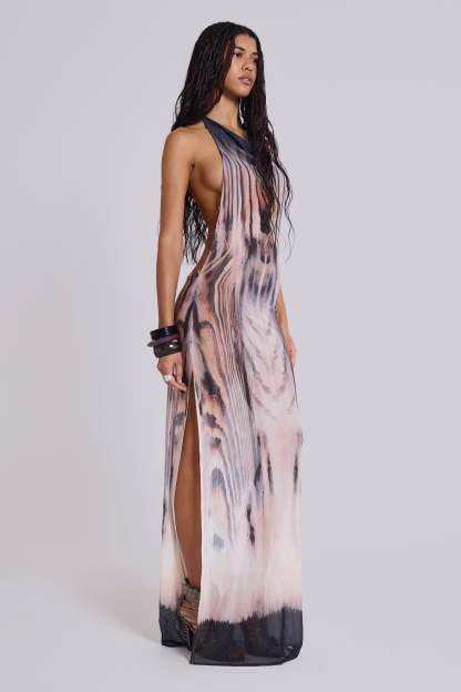 Abstract Print Backless Chain Maxi Dress