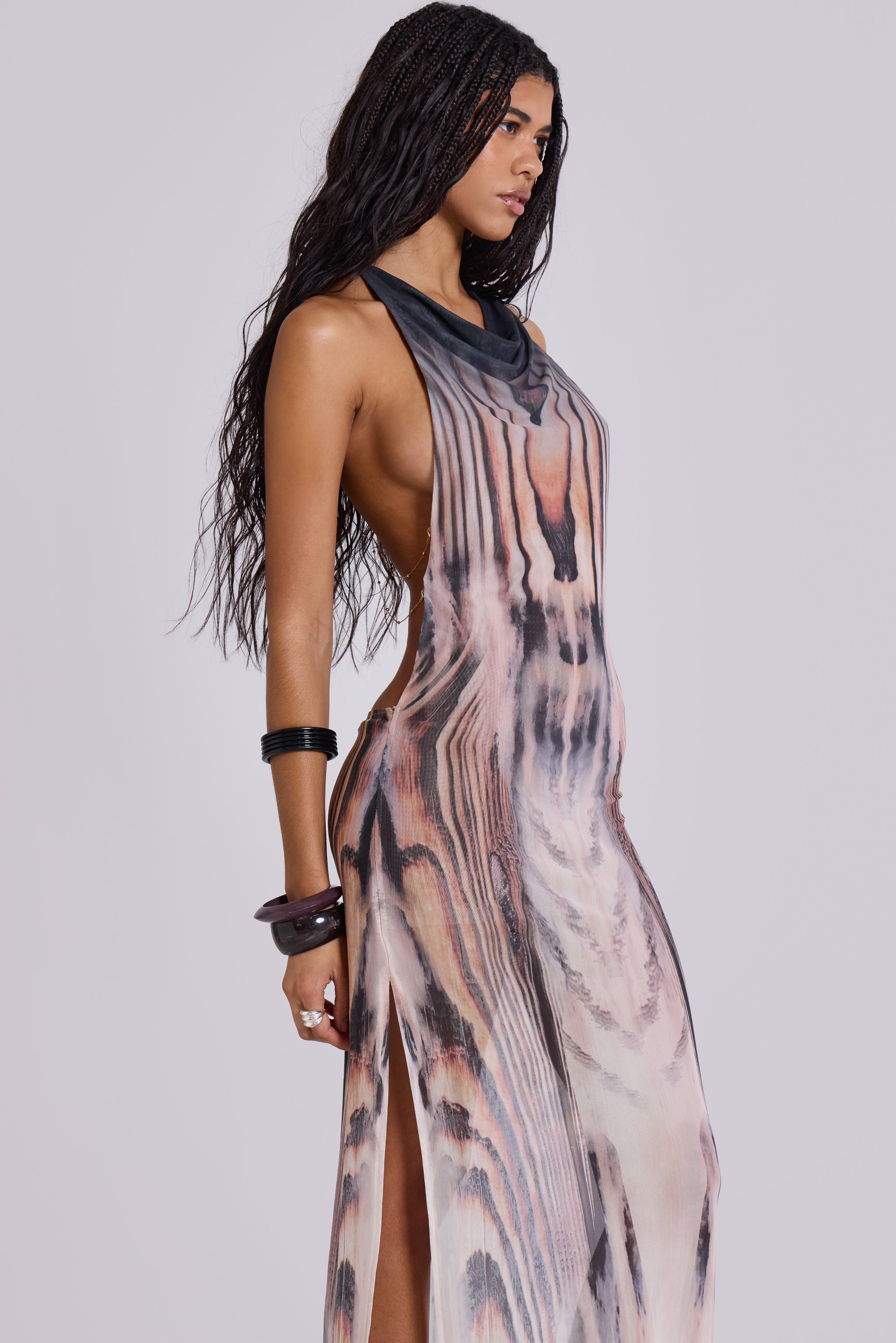 Abstract Print Backless Chain Maxi Dress