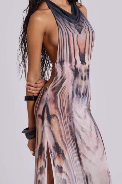 Abstract Print Backless Chain Maxi Dress