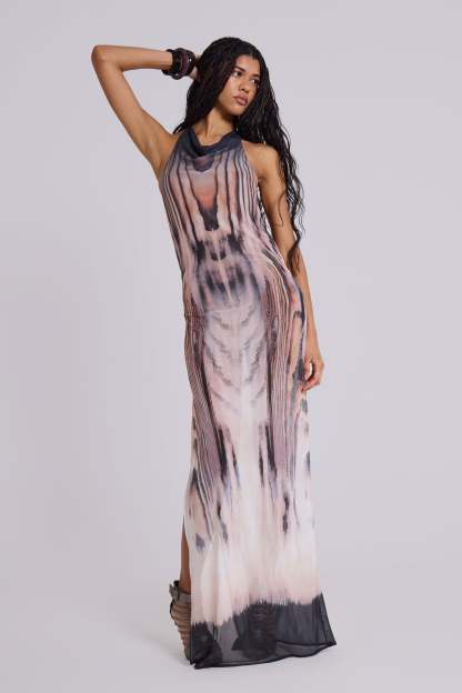 Abstract Print Backless Chain Maxi Dress