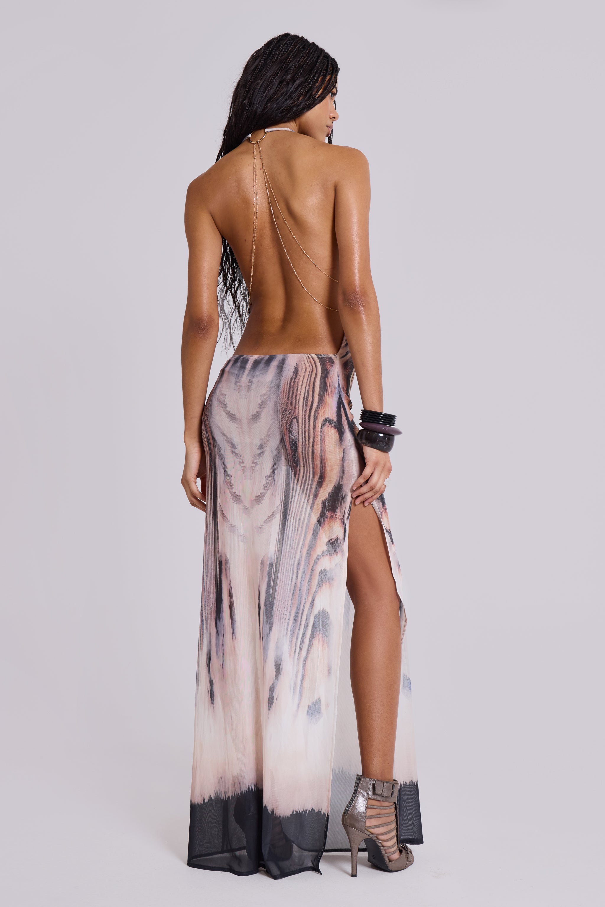 Abstract Print Backless Chain Maxi Dress