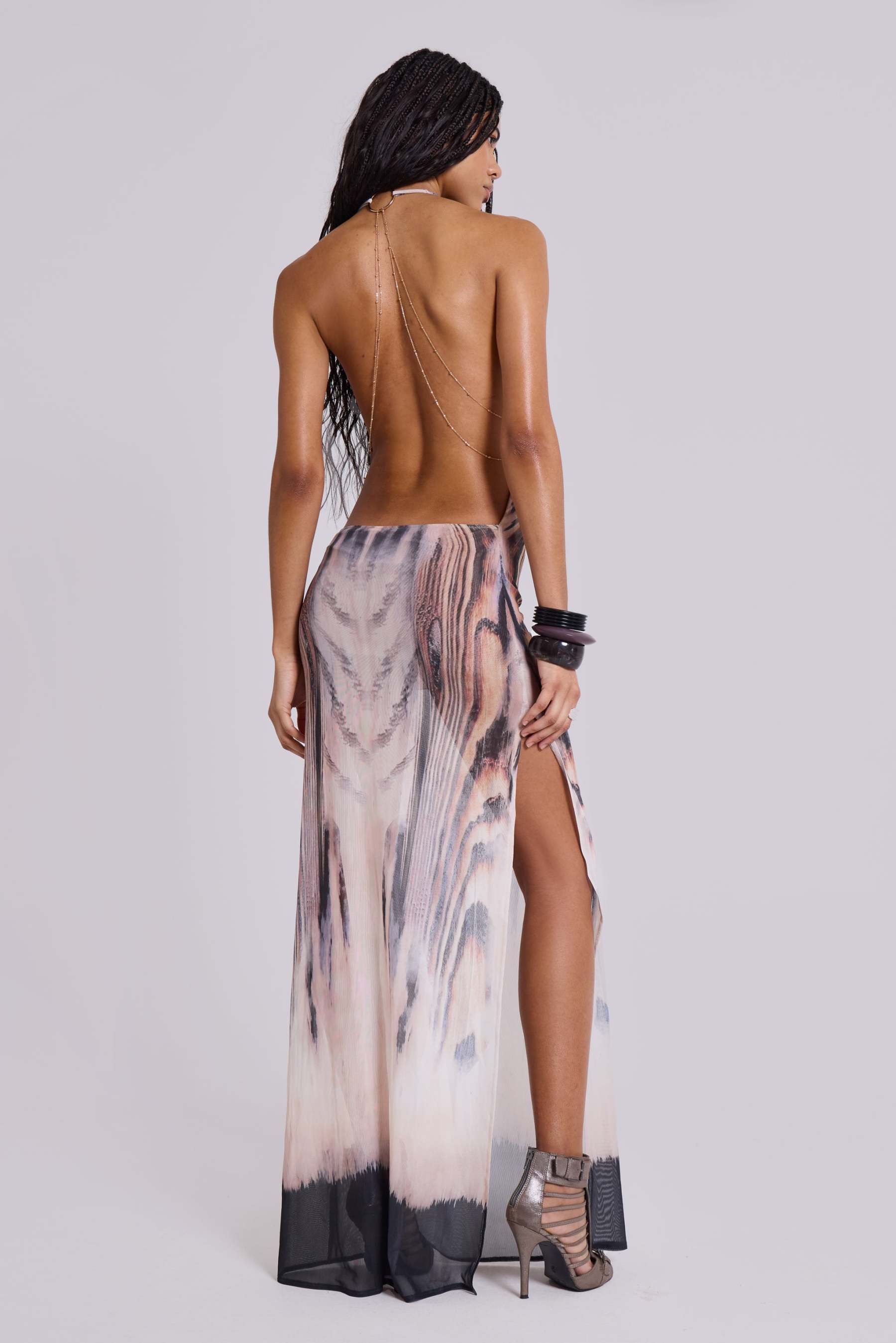 Abstract Print Backless Chain Maxi Dress