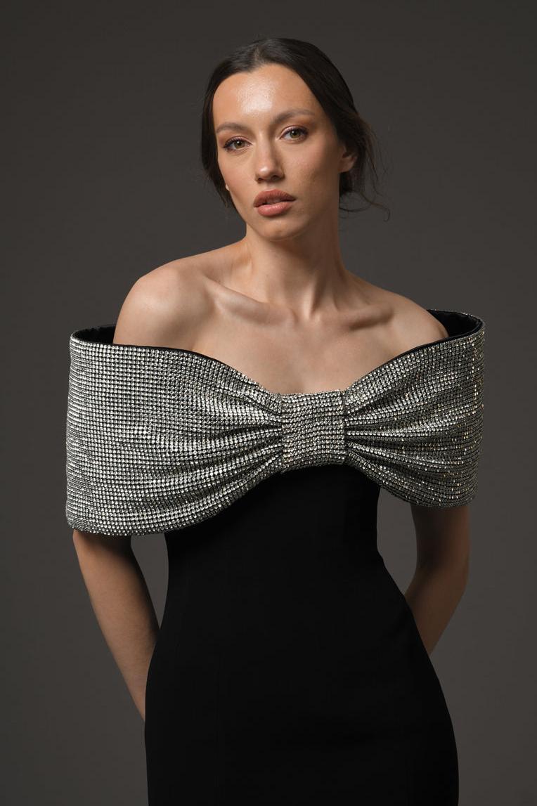 Rhinestone Bow Off Shoulder Maxi Dress