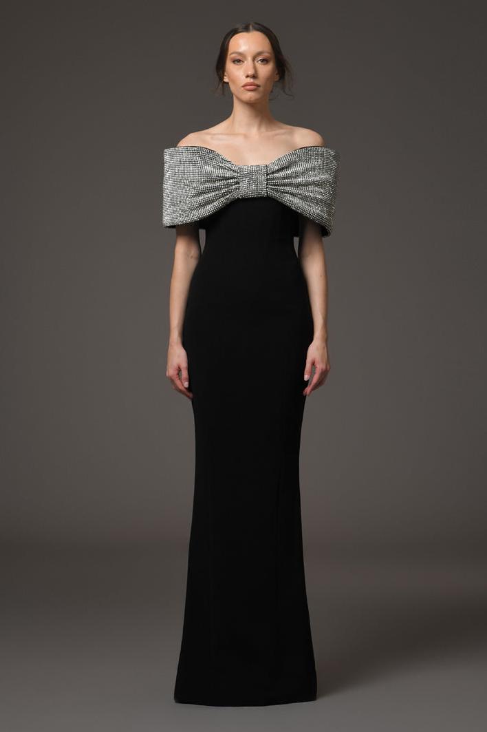 Rhinestone Bow Off Shoulder Maxi Dress