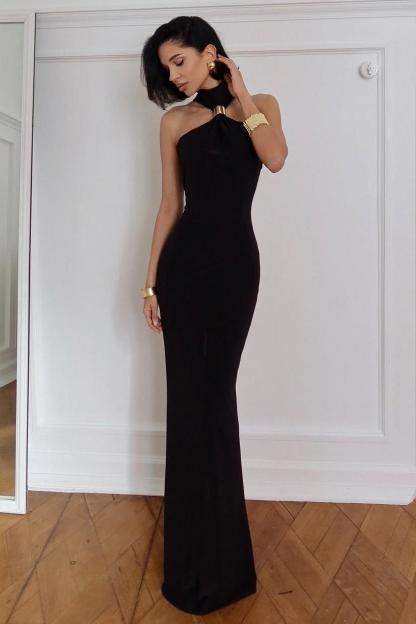 Solid Halter Neck Sleeveless Maxi Dress