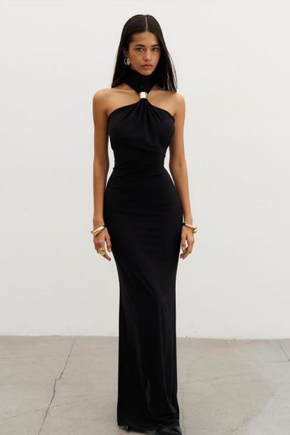 Solid Halter Neck Sleeveless Maxi Dress